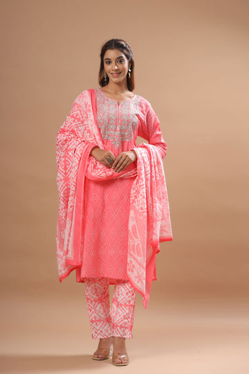 Ranas Peach Color Cotton Bhandej Suit