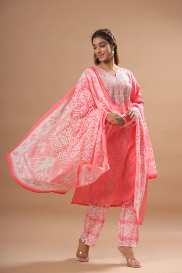 Ranas Peach Color Cotton Bhandej Suit