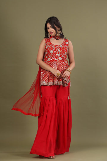 Ranas Red Color Peplum Set