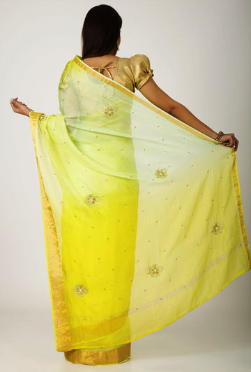 Ranas Green Yellow shaded Kota Silk zari Border Cutdana, bead,Crystal  Buti Work Saree