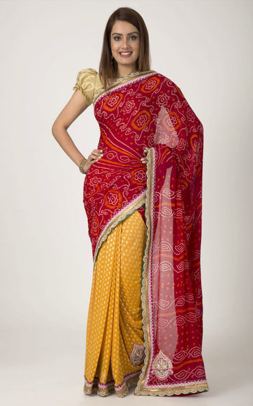 Ranas Red, Golden Yellow Pallu Crepe and skirt Half  banarsi woven Khaddi Gota Moti Salma Tarkashi Kundan thread crystal Work Saree