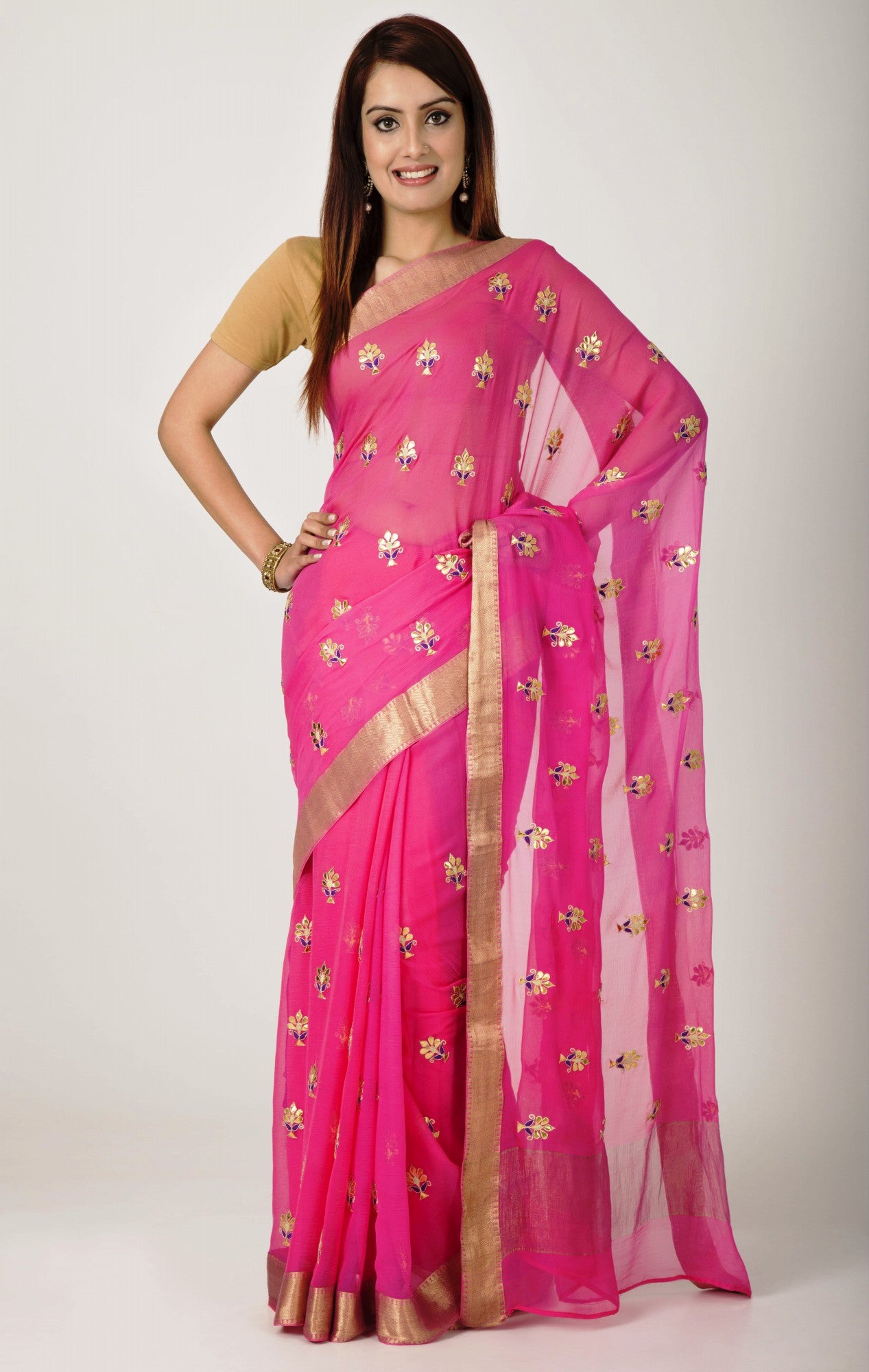 Ranas Peach Chiffon zari Border Woven zari Border &  gota patti Work Work Saree