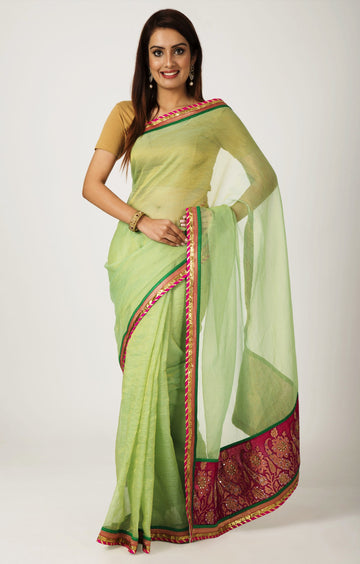 Ranas Rama Green Zari Kota  Tissu Cutdana mirror Work Saree