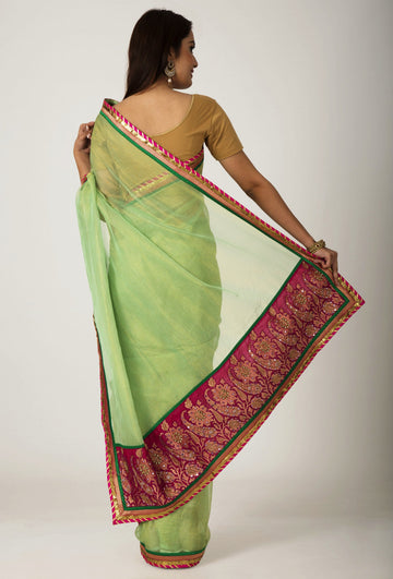 Ranas Rama Green Zari Kota  Tissu Cutdana mirror Work Saree