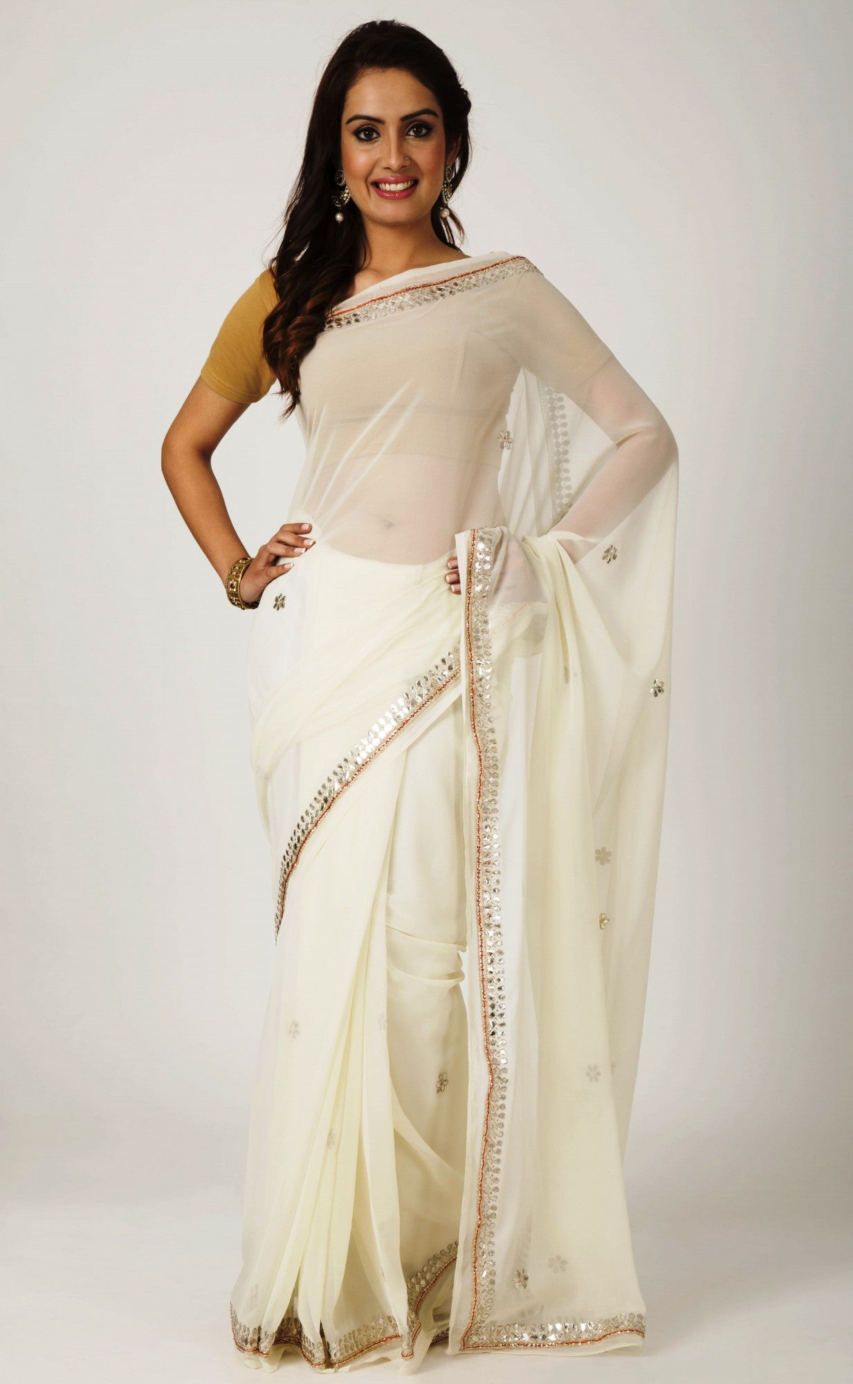 Ranas White Faux  Georgette Gota Patti Work Saree