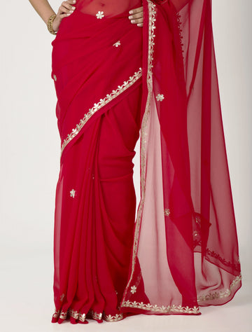 Ranas Red Faux  Georgette Gota Patti Work Saree