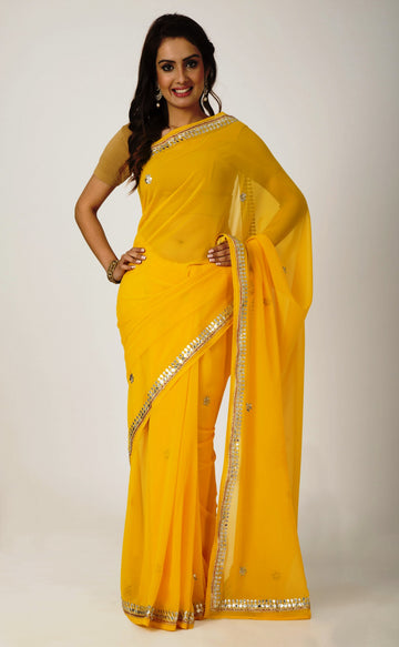 Ranas Yellow Faux  Georgette Gota Patti Work Saree