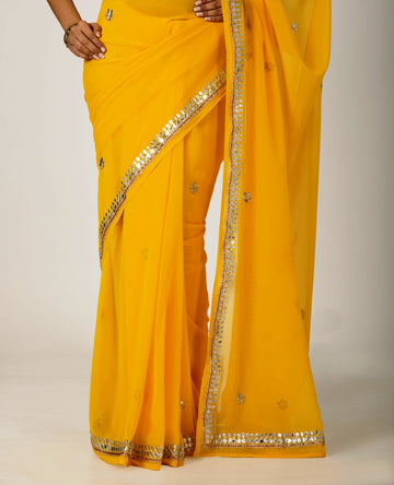 Ranas Yellow Faux  Georgette Gota Patti Work Saree