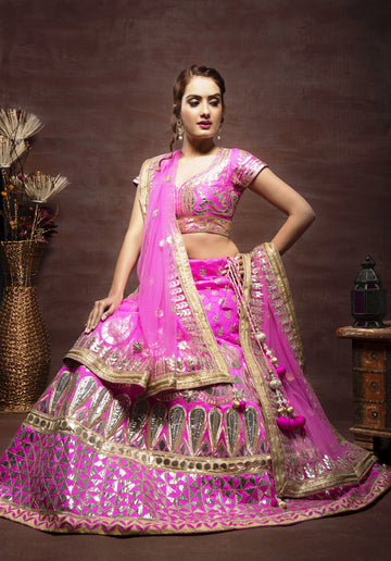 Ranas Rani Fuchia pink Raw Silk Gota Lappa Patti Dori   Work Lehenga