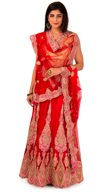 Lehenga In Red Color With Contrast Pink