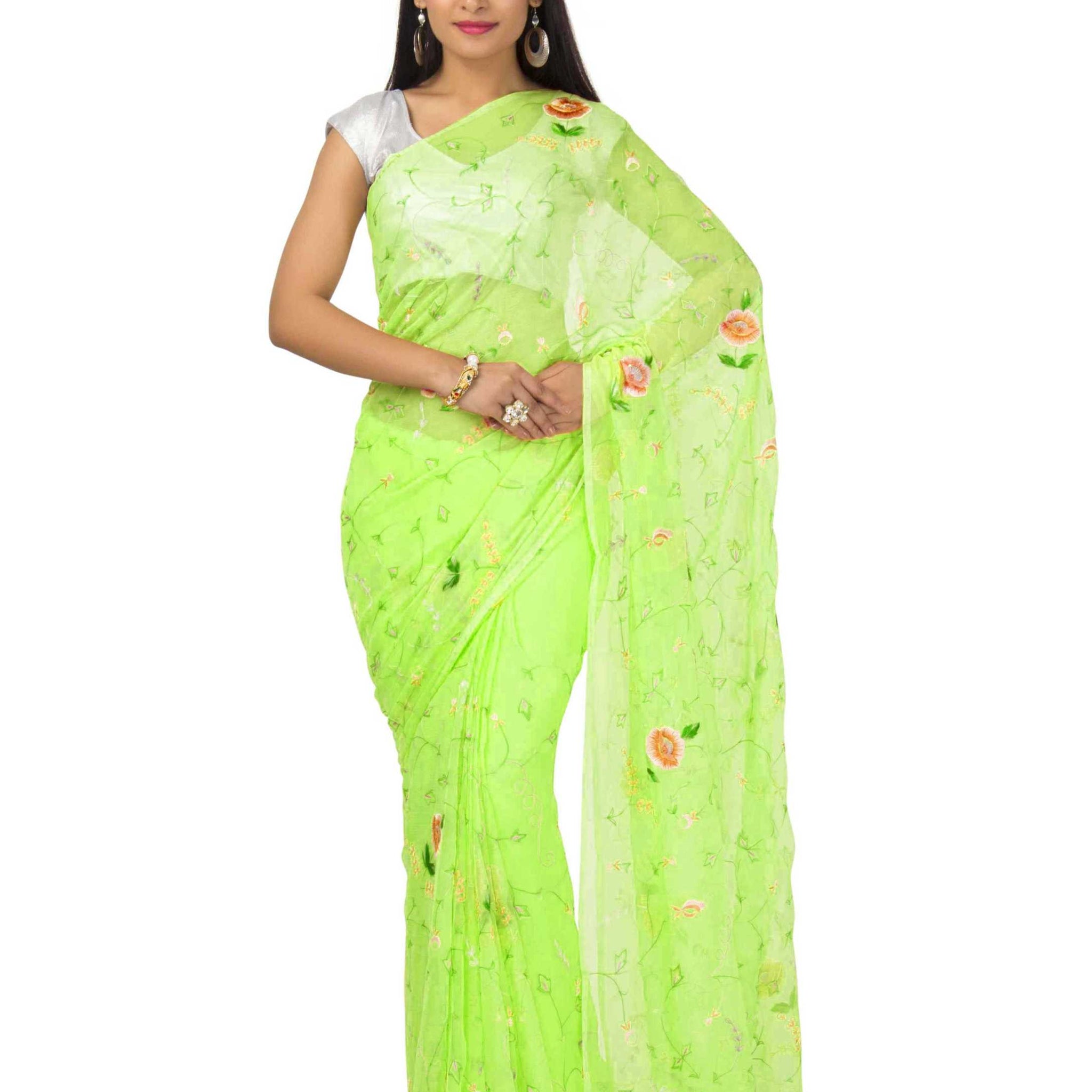 Chiffon saree In Parrot green color