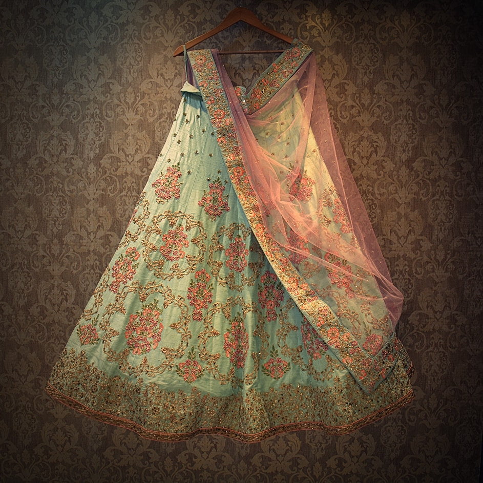 Raw Silk Lehenga In Sea Green Color